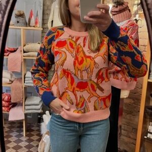 MDM Horse and Mushroom Print Knit Crewneck Sweater, Large